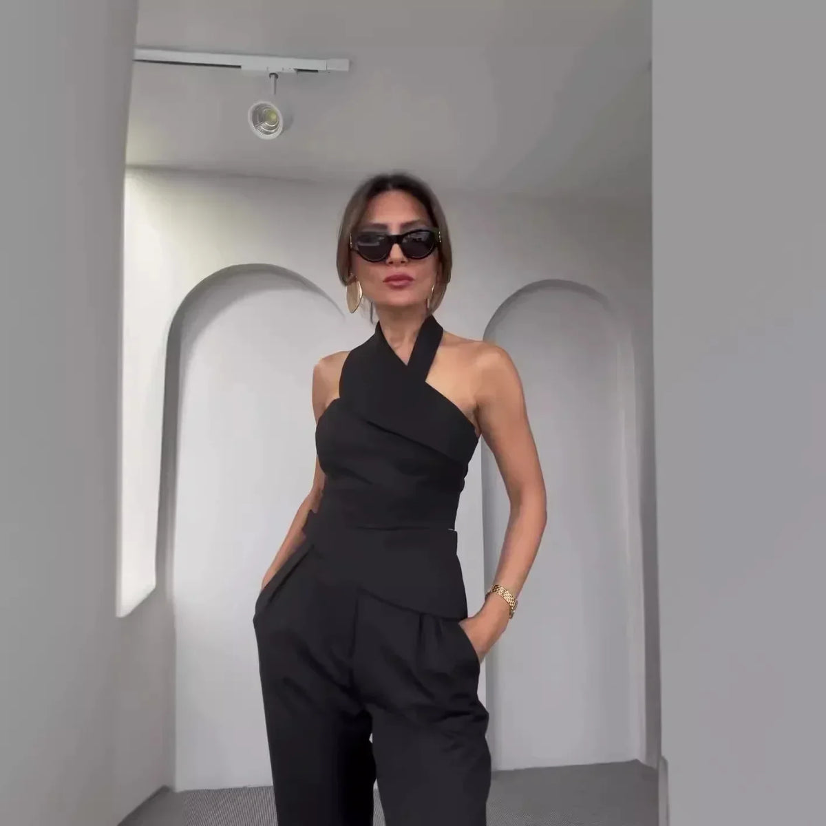 Slanted Neck Top and High Waist Pants Two Piece Set for Women