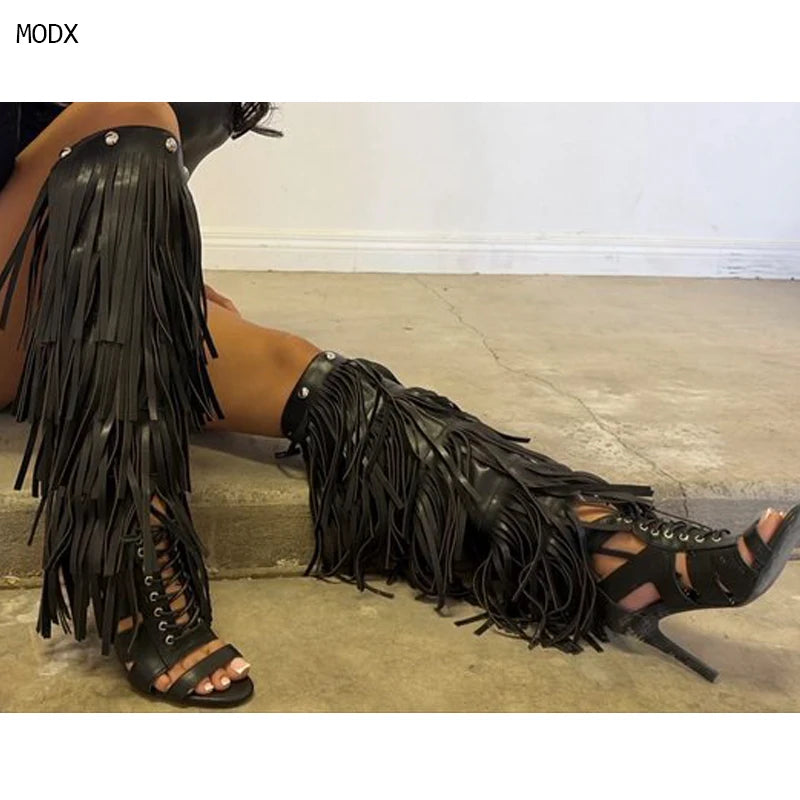 Mid Calf Tassel Boots With Side Zipper Peep Toe for Women