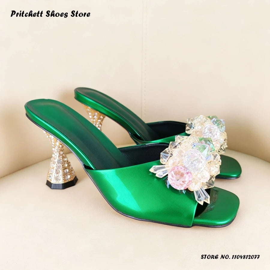 Sleek Patent Leather Square Open Toe Mules With Crystal Trim For Women