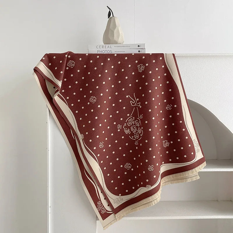 Rose Dot Print Knit Fringe Scarf