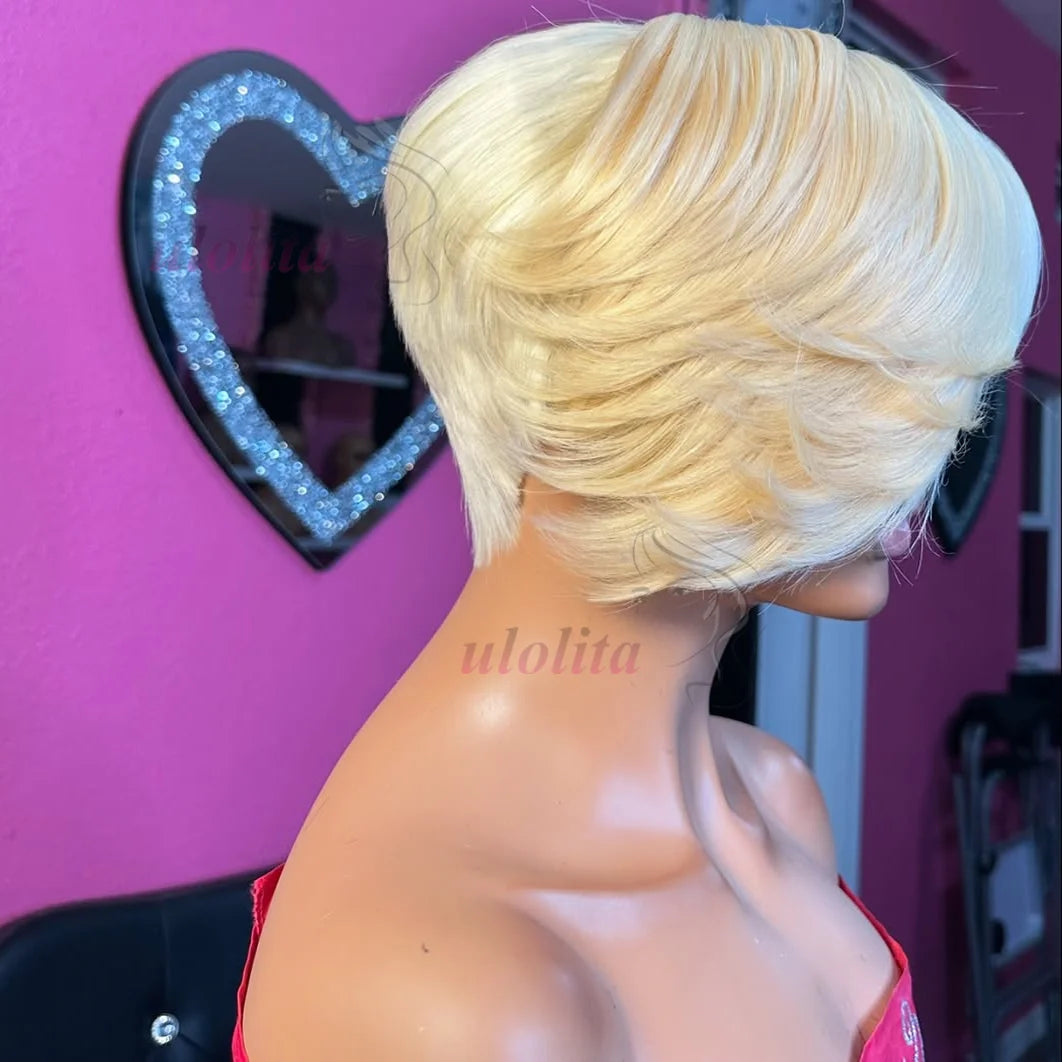 Blonde Pixie Cut Lace Front Human Hair Wig for Women