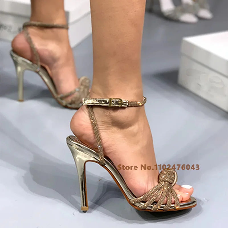 Women Sandals Sexy High Heels Peep Toe Rhinestones Summer New Brown Crystal Buckle Strap Stiletto Heel Party Dress Sandals