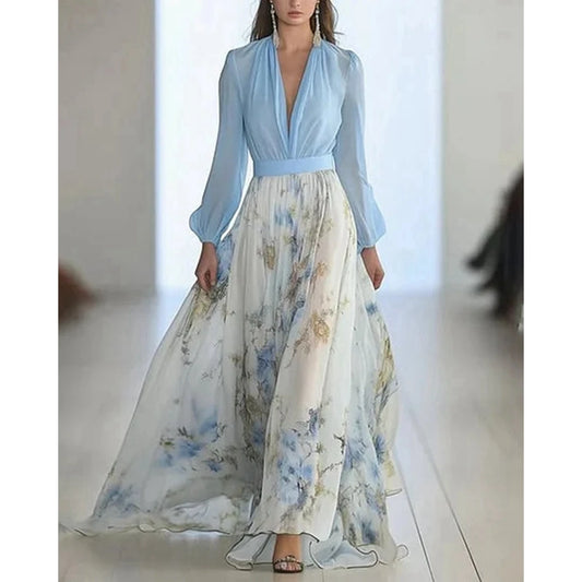 Floral Dress Print Long Sleeve Summer Women Dress Deep V Neck Slim Waist Maxi Dress for Party Evening Gown Vestidos Elegantes