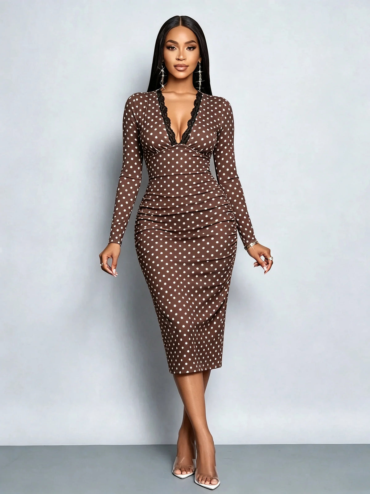 Polka Dot Lace Trim Midi Dress