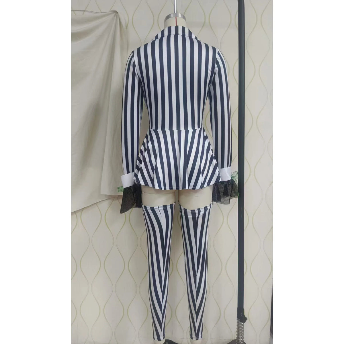 Striped Black And White Clown Costume Set With Jacket And Socks For Women