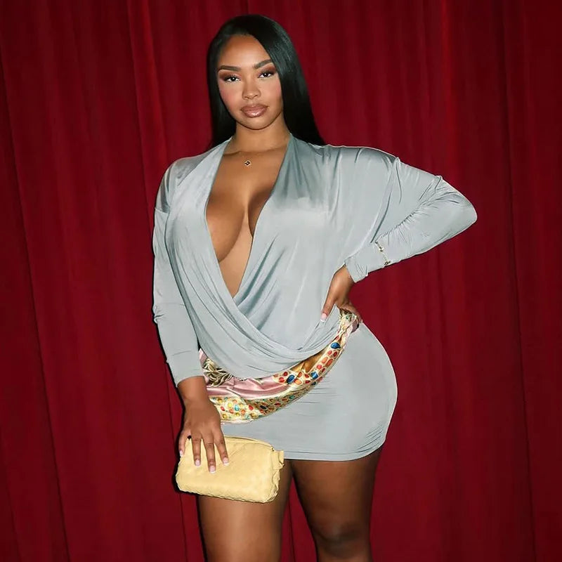 Solid Color Long-Sleeved V-Neck Mini Dress for Women
