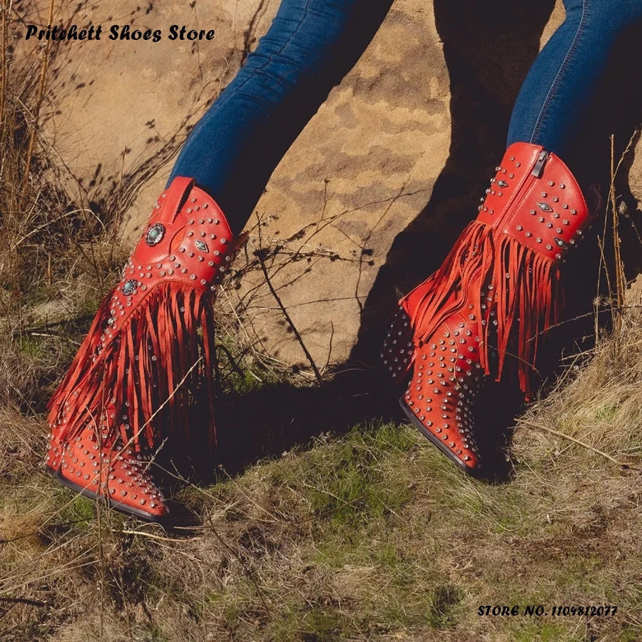 Crystal Embellished Fringe Pointed Toe Leather Wedge Boots for Women