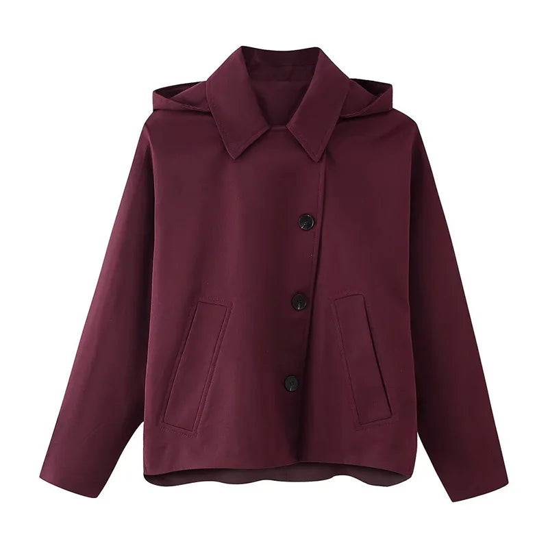 Vintage Single Breasted Women 's Treach Coats Loose Hooded Pockets Full Sleeve Short Jacket Female 2025 Autumn New Lady Outwears