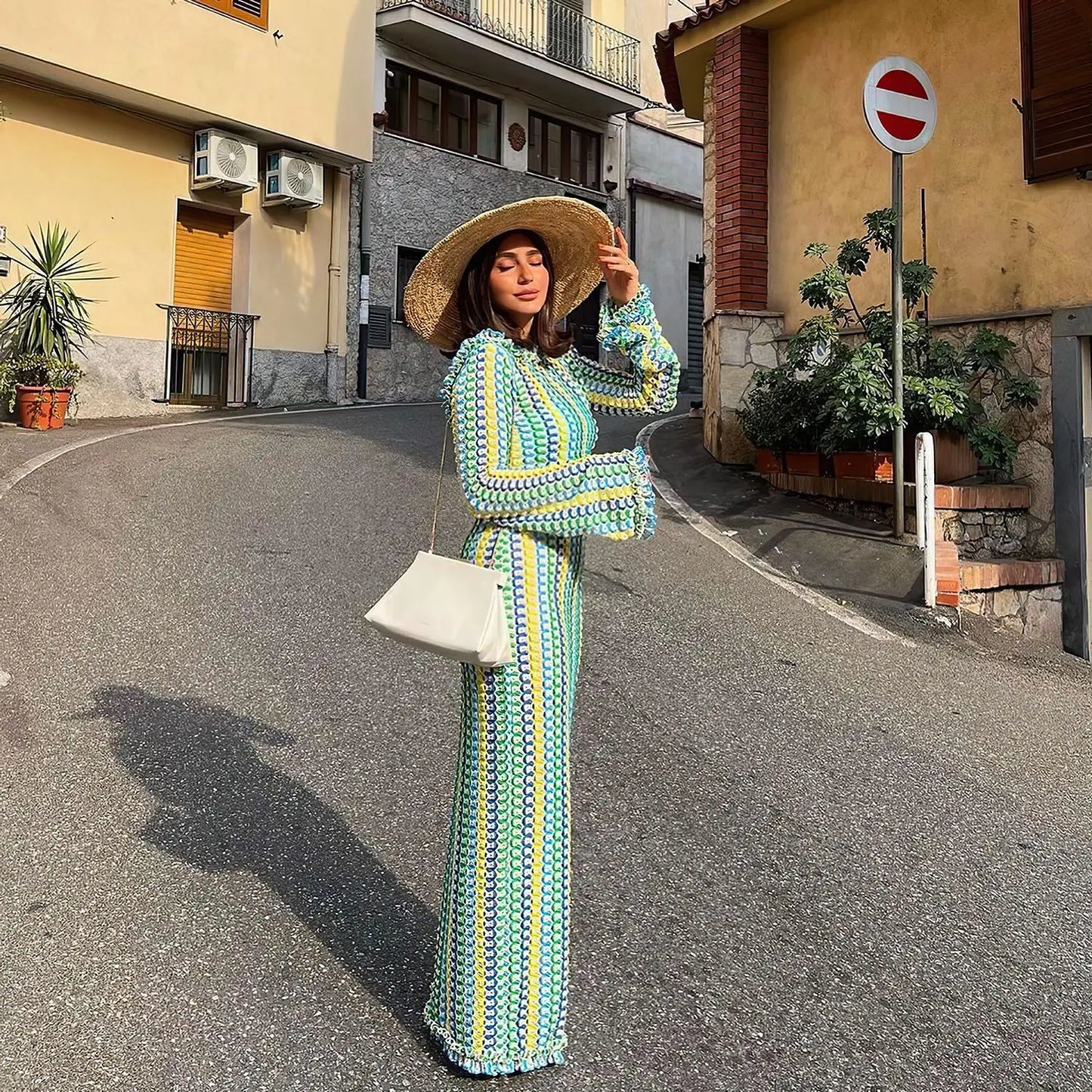 Sexy Backless Flare Sleeve Lace Knit Cut Out Party Beach Maxi Dress 2025 Summer Women Vacation Beachwear Swimsuit Cover Up A2815