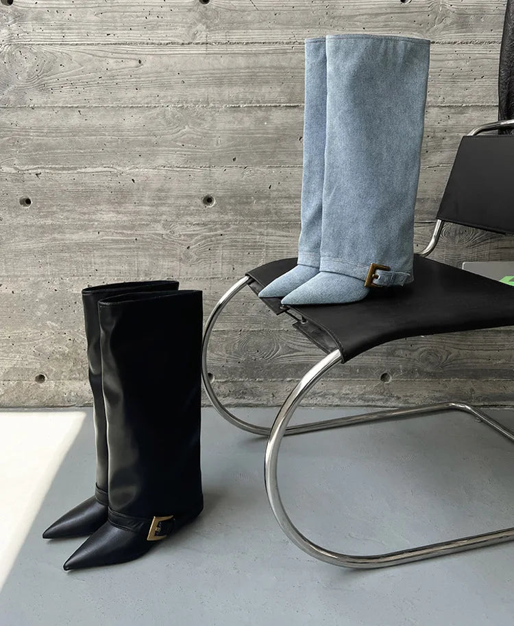 Design Women Metal High Heel Pointed Toe Belt Buckle Knee High Boots Sexy Women Pointy Gold Belt Buckle Knee Boots Plus Size 46
