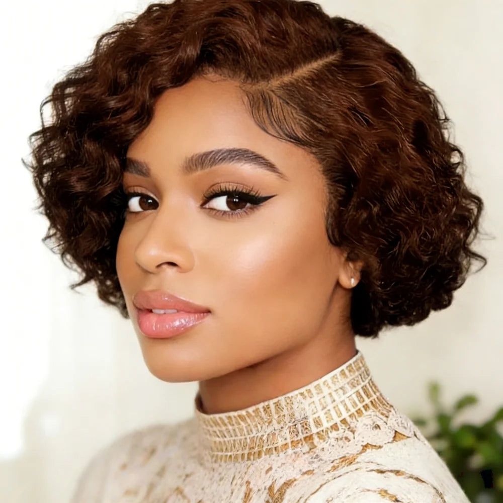 Natural Black Short Curly Pixie Lace Front Wig for Women