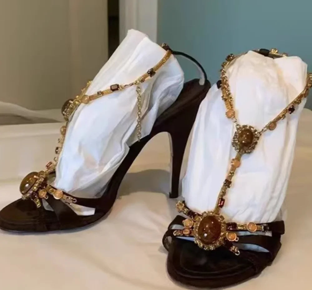 Black Satin Gold Beaded Stilettos
