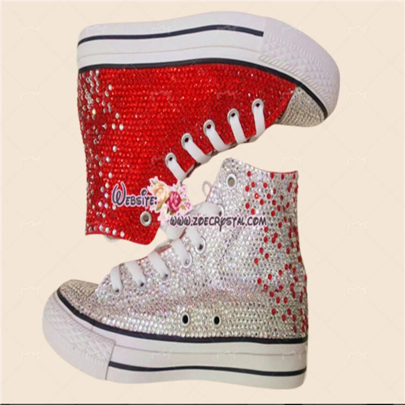 Red Rhinestone Lace Up High Top Canvas Shoes for Women