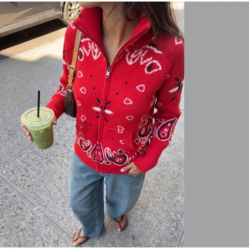 Vintage Printed Knit Stand Collar Zip Cardigan for Women
