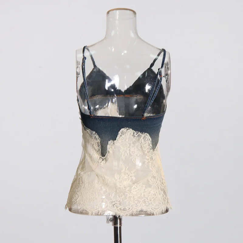 ANJY Summer New Women Y2K Streetwear Ins Fashion Sexy Hot Lace Patchwork Denim Camisole Vest Casual Drawstring Fifth Pants A7219