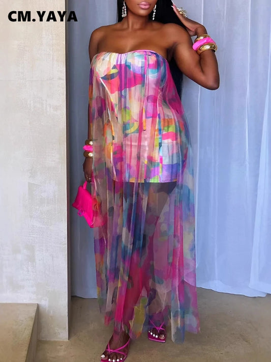 CM.YAYA Women Sleeveless Tie Dye Print Strapless Mesh Bodycon Midi Long Maxi Dress 2025 Birthday Club Party Vestido Sexy Dresses