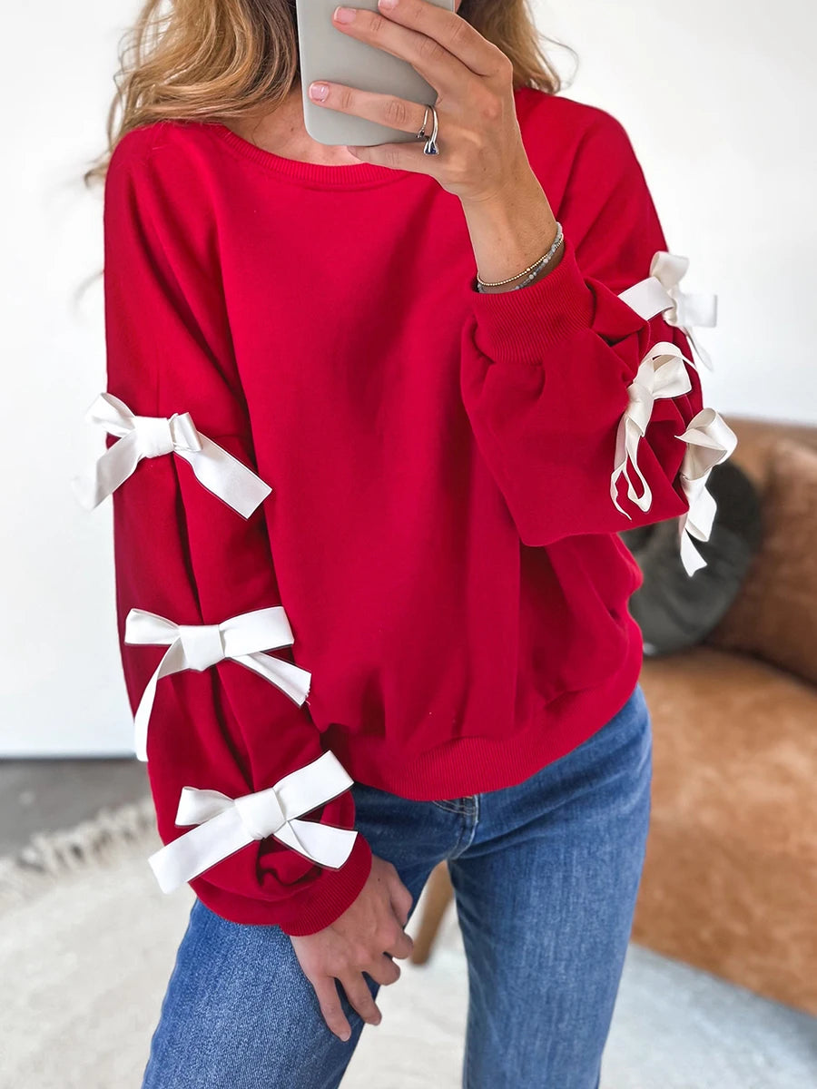 Christmas  Women’s Oversized Bow Decoration Hoodie Sweatshirts Long Sleeve Round Neck Loose Fit Pullover Tops with Bows