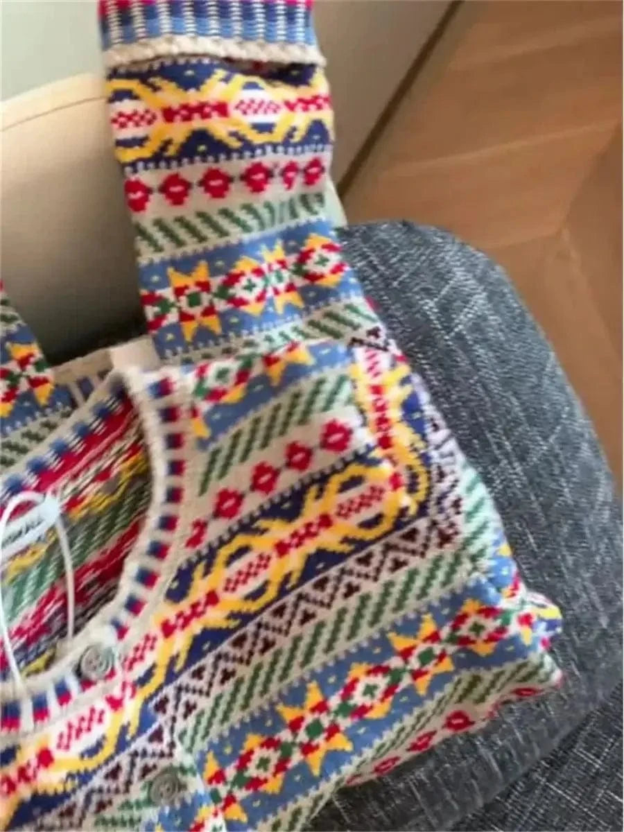 Korean ethnic style colorful floral sweater women's autumn and winter new knitted cardigan paired with casual top cardigan