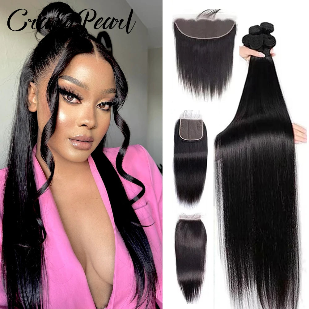 Straight Human Hair Bundles With Lace Frontal for Women