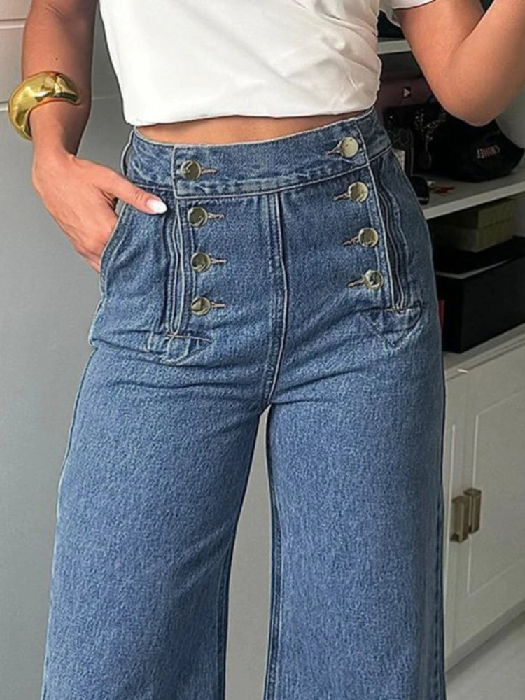 Women's High Waisted Flare Jeans Fashion Loose Buttoned Denim Wide Leg Pants Casual Daily Office Trousers Bottoms