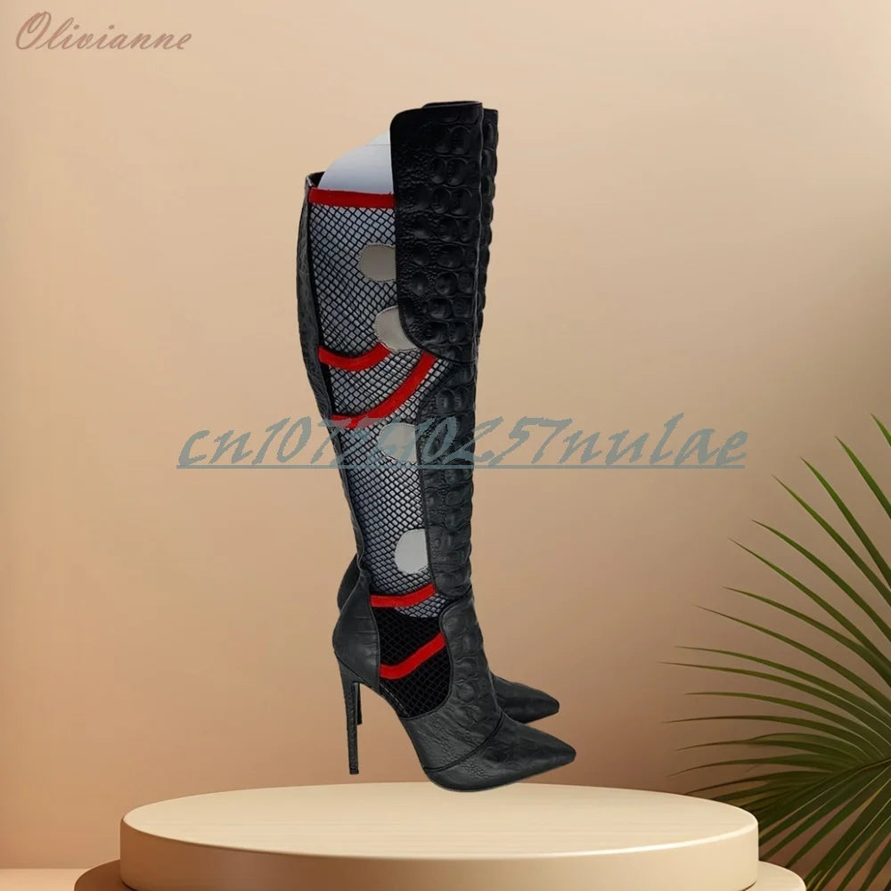 Hollow Net Design Mutilcolor Mid Calf Boots Side Zipper Stiletto High Heel Party Fashion Women Shoes 2025 Summer New Para Mujere