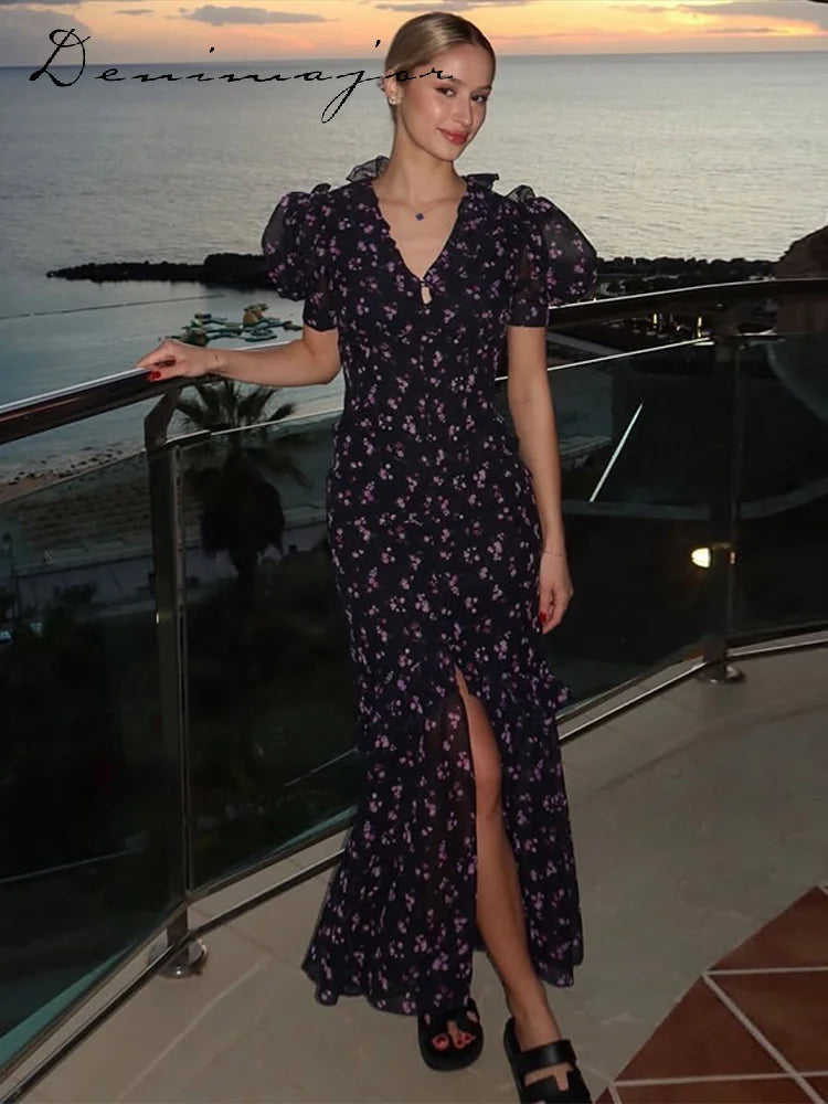 Printed Lace Trim V Neck Puff Sleeve Maxi Dress for Women