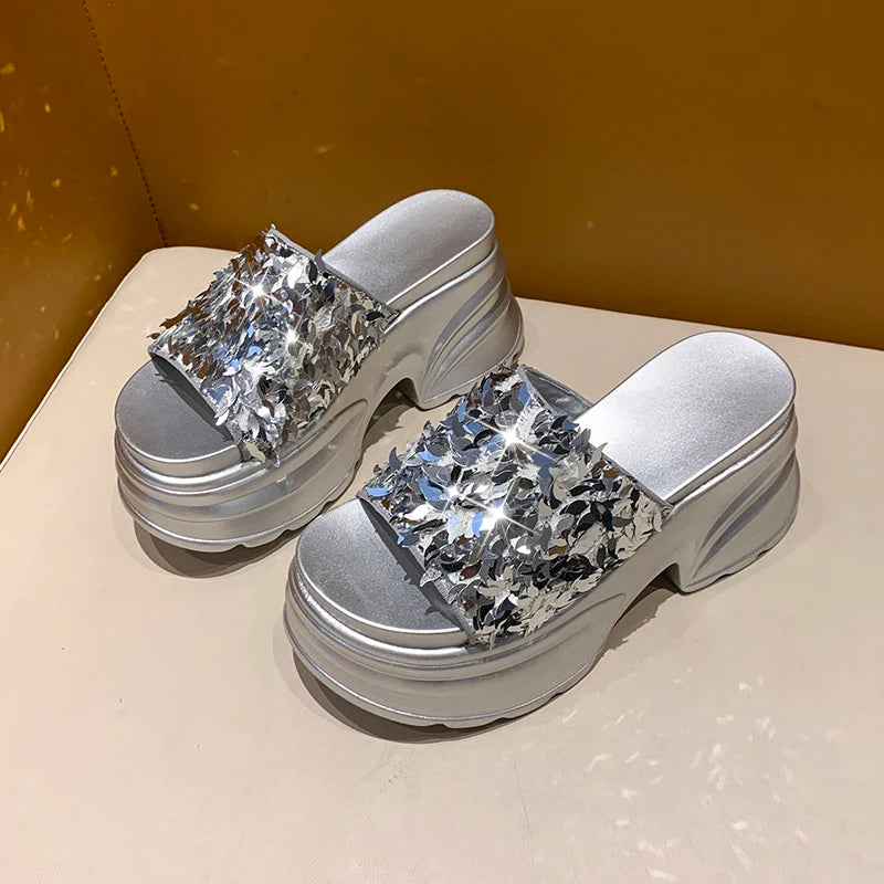 Metallic Sequined Platform Wedge Sandals for Women