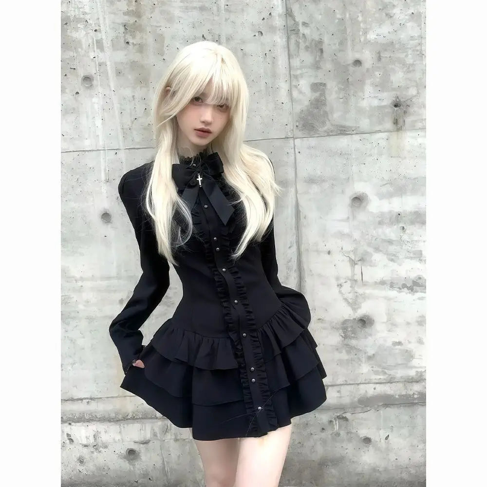 Black Gothic Long Sleeve Bow Tie Stand Collar Dress For Women