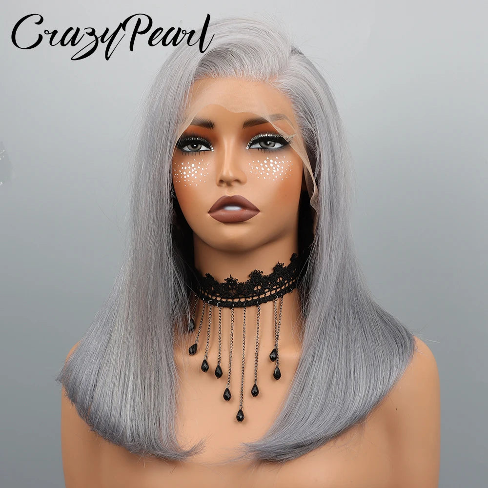 Grey Straight Bob Lace Front Wig With Human Hair for Women