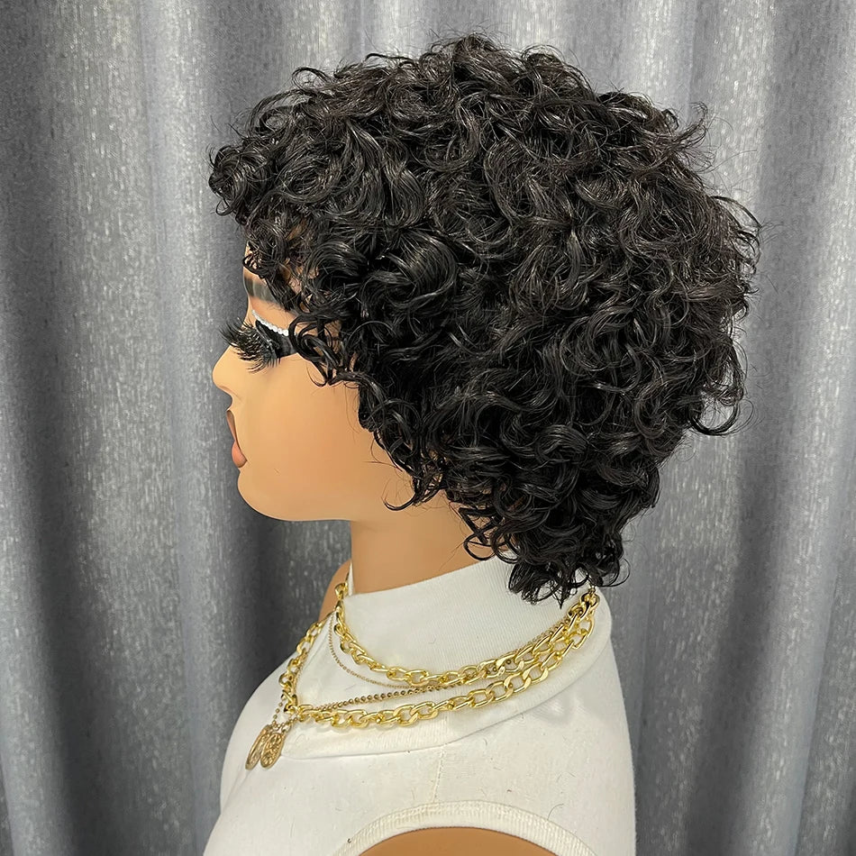 Black Kinky Curly Pixie Remy Human Hair Wig for Women