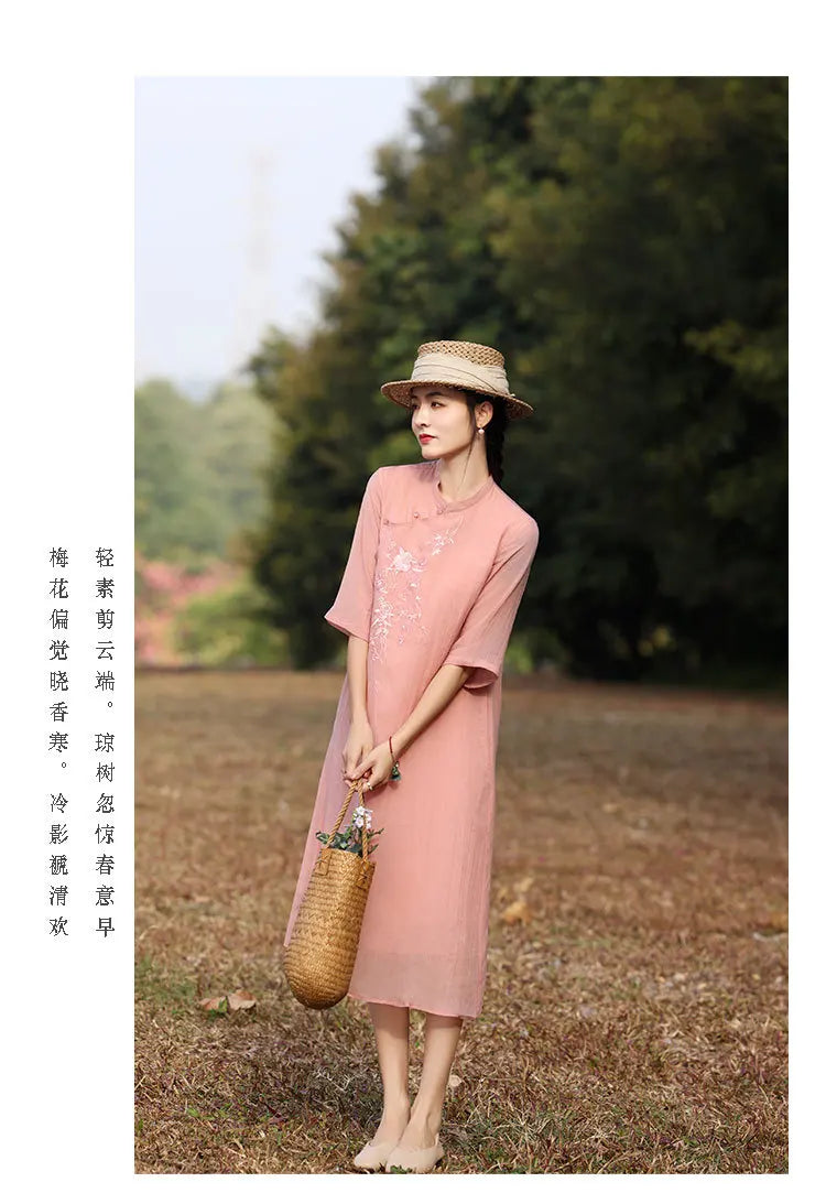 Elegant Floral Embroidered Ramie + Cheongsam Dress + for Women