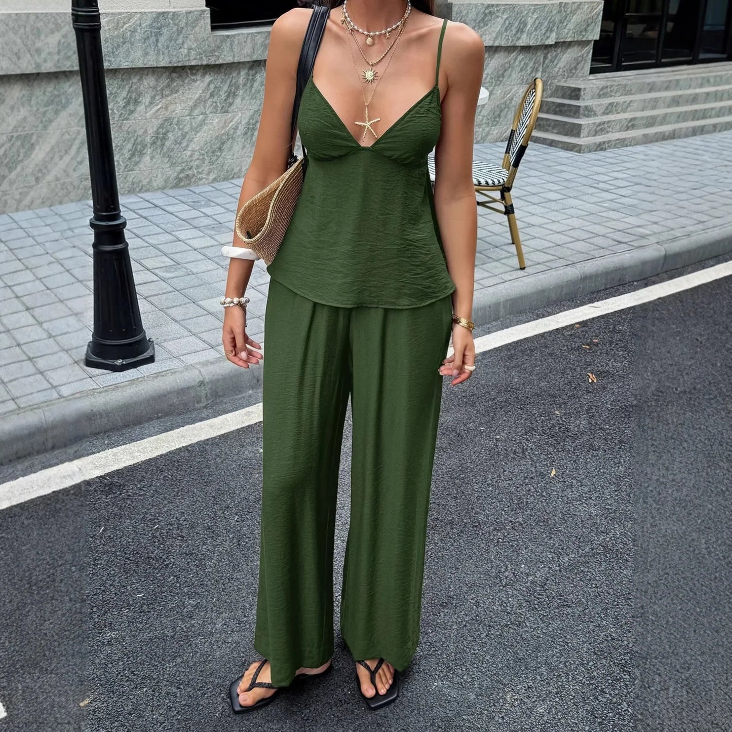 Solid Color V Neck Spaghetti Strap Cami Set for Women