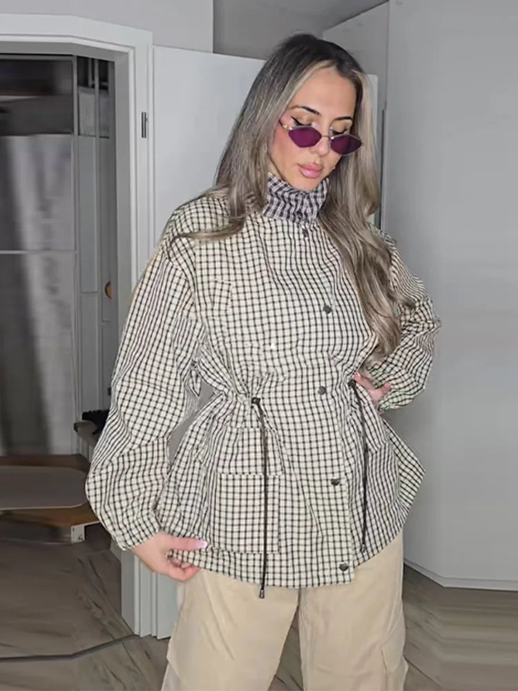 Grid Pattern Stand Collar Long Sleeve Coat for Women