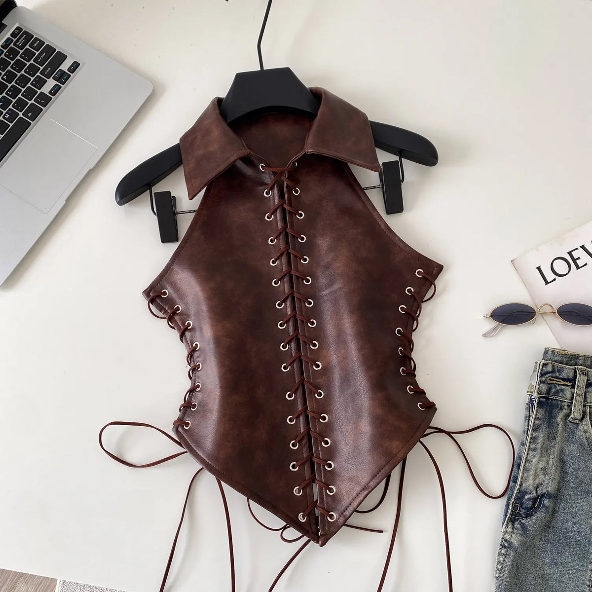 Retro Lace Up Faux Leather Sleeveless Bustier Top for Women