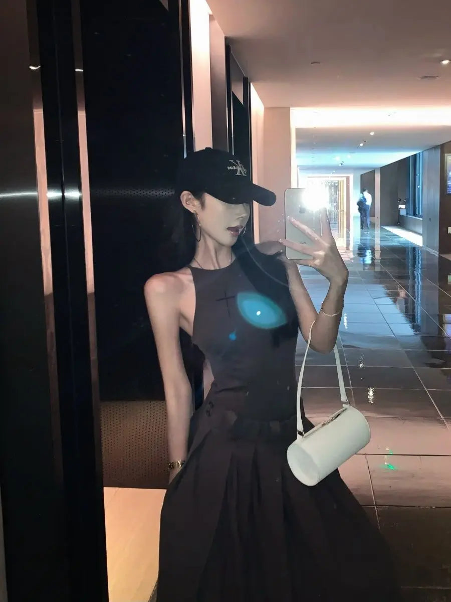 Gray High Waist Button Placket Midi Dress For Women