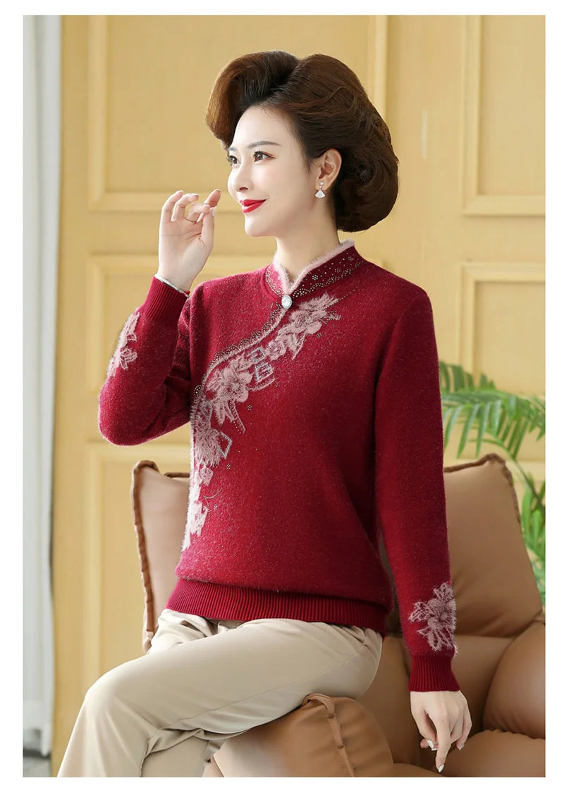 2025 Autumn New Mom's Velvet And Warm Knitted Embroidered Bottom Shirts Imitation Mink Fleece Winter Inner Plsh Thick Pullover