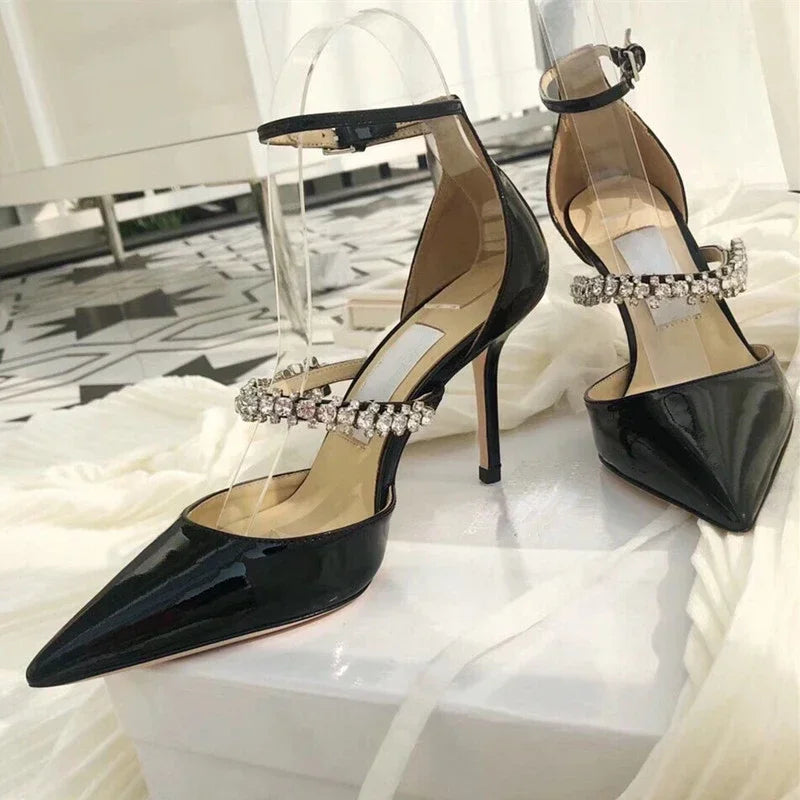 Crystal Embellished Pointed Toe Patent Leather Buckle Heels for Women