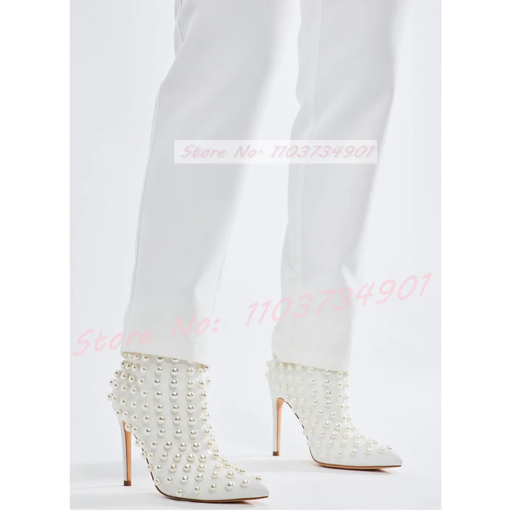 White Pearl Pointed Toe Short Boots With Zipper for Women