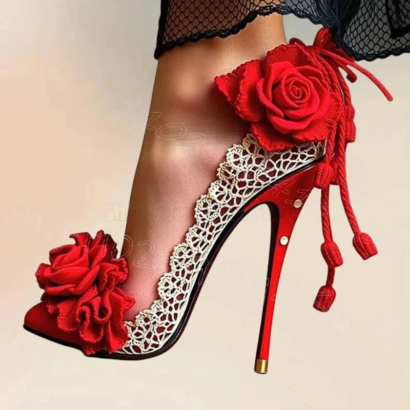 Elegant Red Lace Applique Pointed Toe Pumps for Women