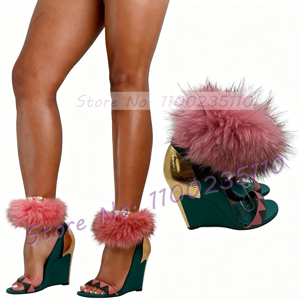 Mixed Colors Ankle Strap Wedge Sandals With Pink Fur Women Novelty Gold Heel Female Newest Open Toe Party Feminine Back-zip Shoe