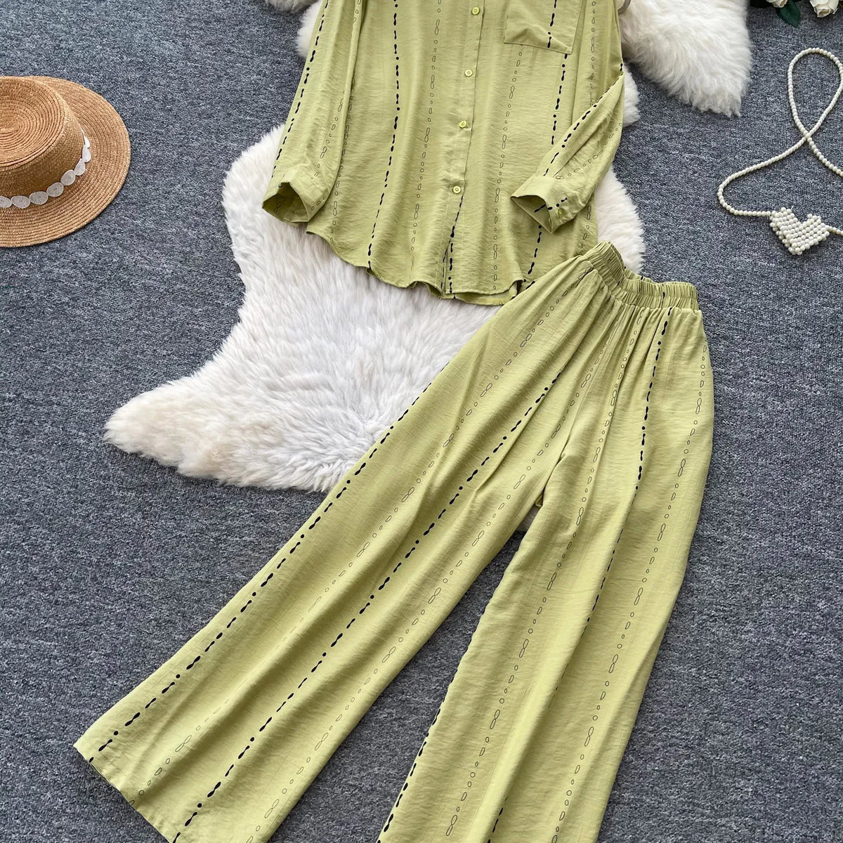 Collared Shirt and Wide Leg Pants Set