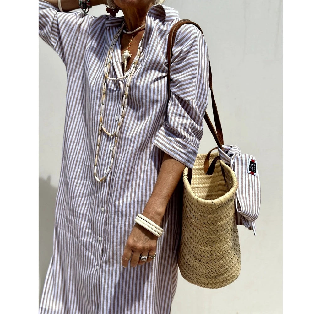 2025 Summer New Women's Stripe Lapel Half Sleeve Shirt Dress Turn-down Collar Button Front Midi Dress With Belt
