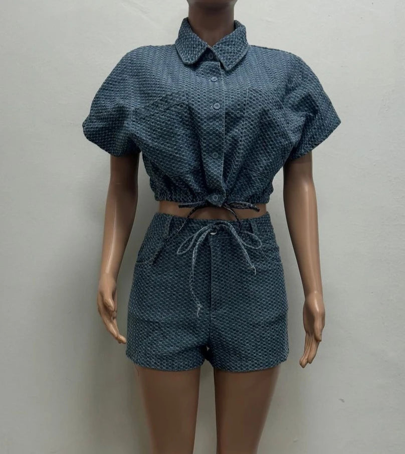 Embroidered Polo Neck Two Piece Denim Shorts Set for Women