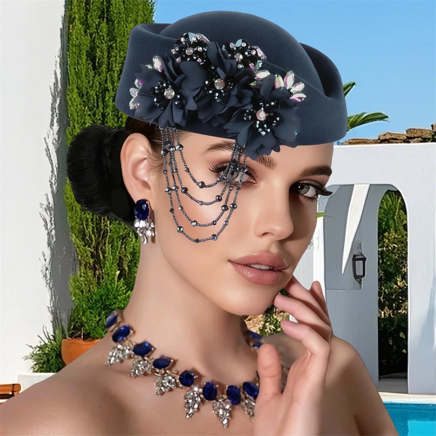 Retro British Beret With Floral Rhinestone Decor For Women