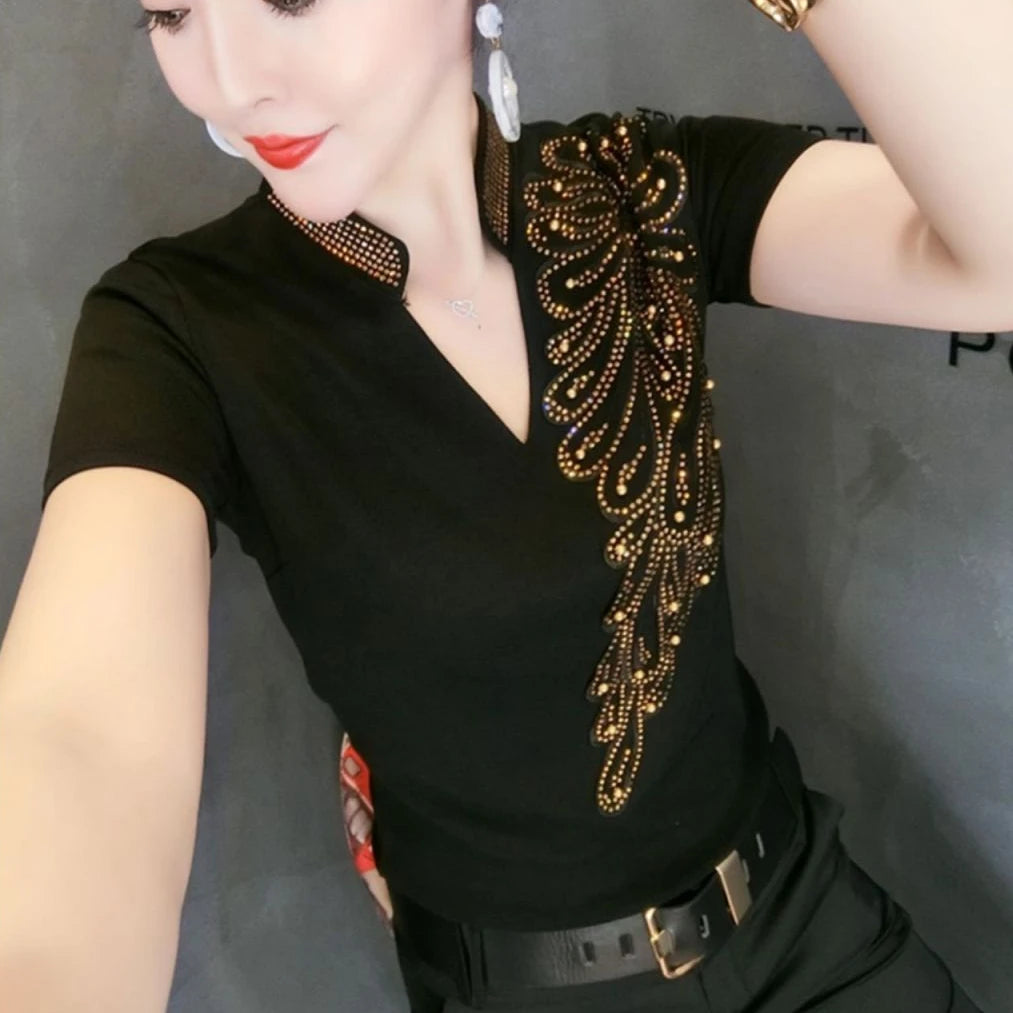Sequin Women Tops Sleeve Polo Shirt Rhinestone Pulovers Vintage Glitter Luxury Women's Blouses Promotion Free Delivery Neck Cute