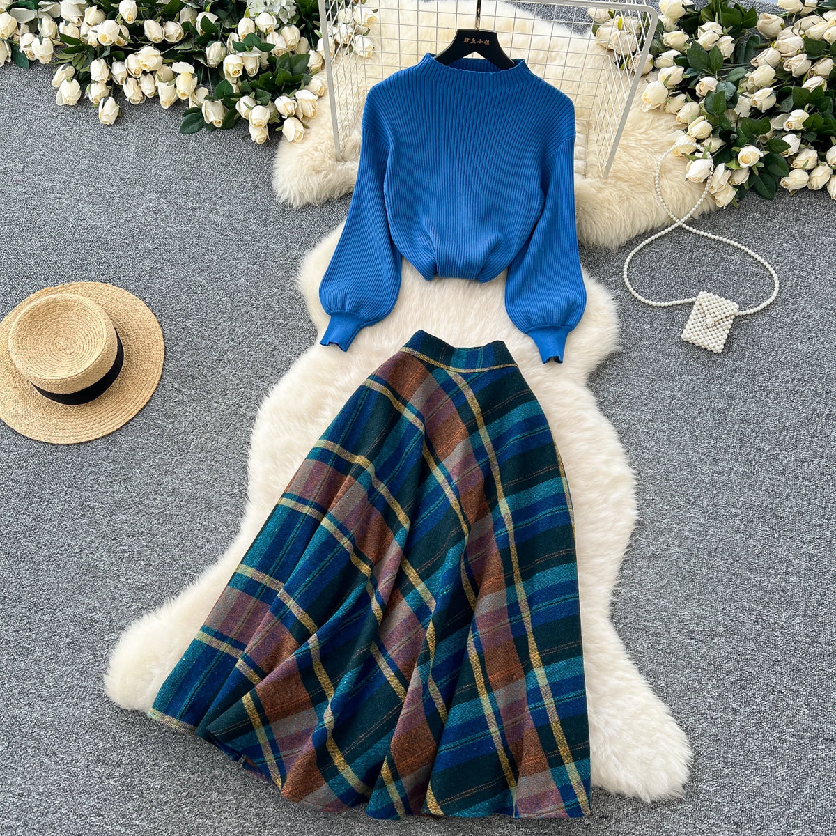 Plaid Knitted Sweater and Long Skirt Two Piece Set for Women