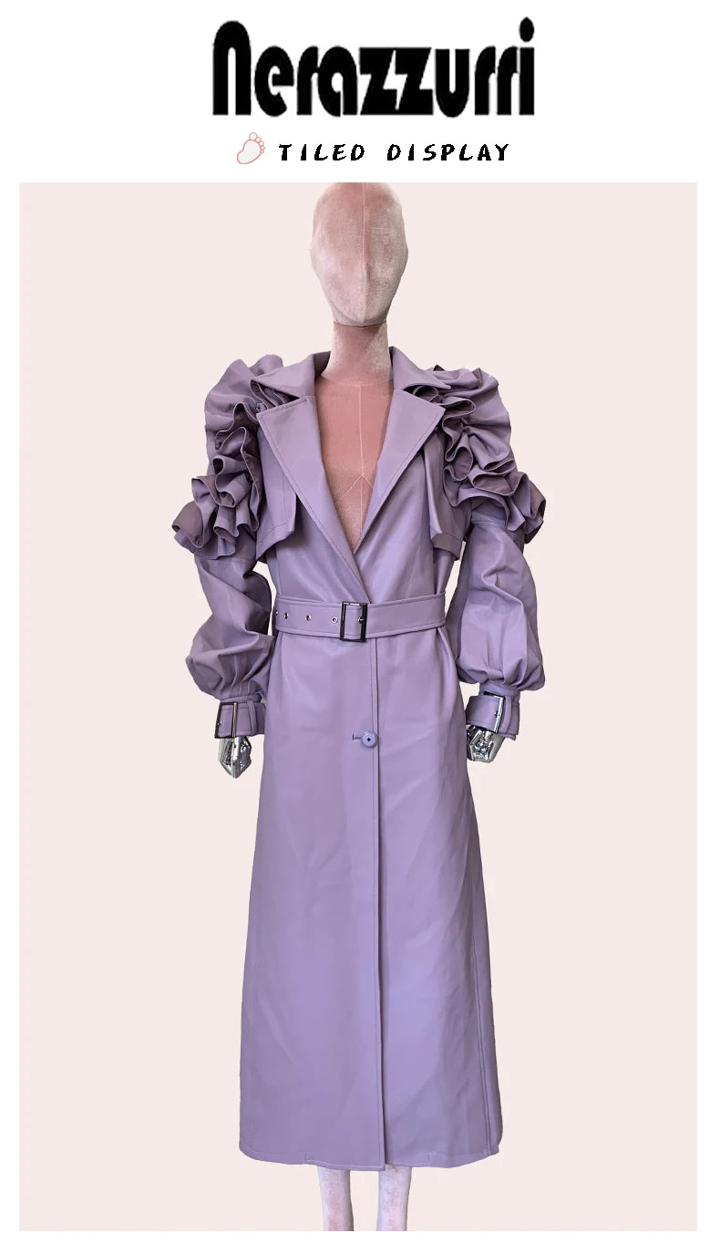 Long Purple Faux Leather Trench Coat With Ruffled Collar For Women