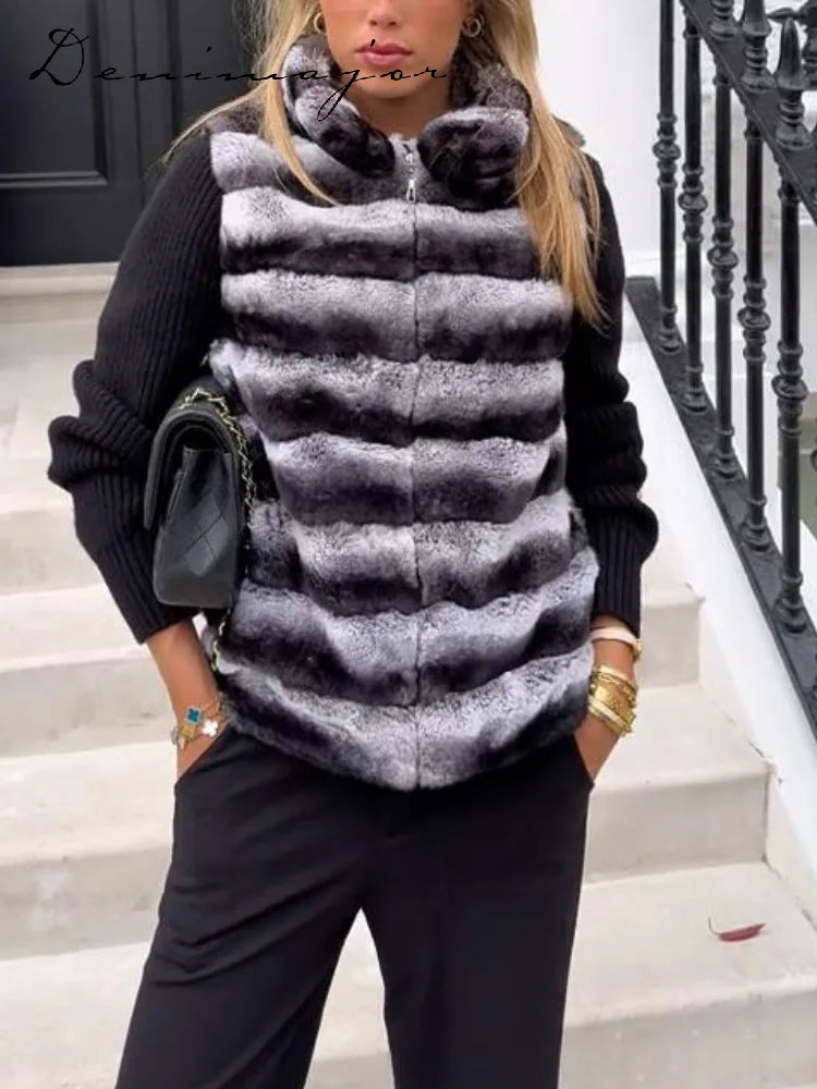 Faux Fur Patchwork Knit Coat With High Collar for Women