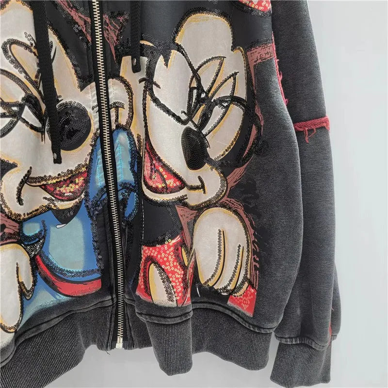 Autumn New Heavy Embroidery Cartoon Loose Coat Fashion Age-Reducing Hooded Jacket Zipper Long Sleeves Tie Top Outerwear Ladies