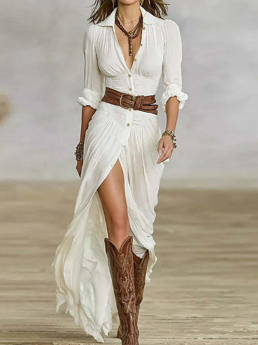 Chic Turn-Down Collar Long Sleeve Maxi Dress for Women Single-Breasted Spring Autumn Party Dress Solid Patchwork Ladies Fashion